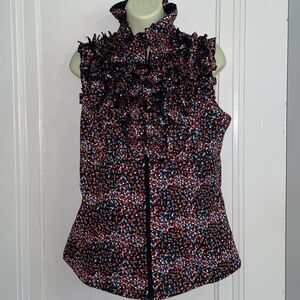 DS by Debbie Shuchat sleeveless ruffle front zip up blouse with polka dots